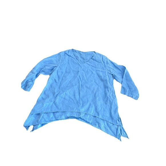 La Fixsun Tops - LA. FIXSUN Shirt Women Small Blue 100% Linen Tiered Lagenlook Blouse 3/4 Sleeve